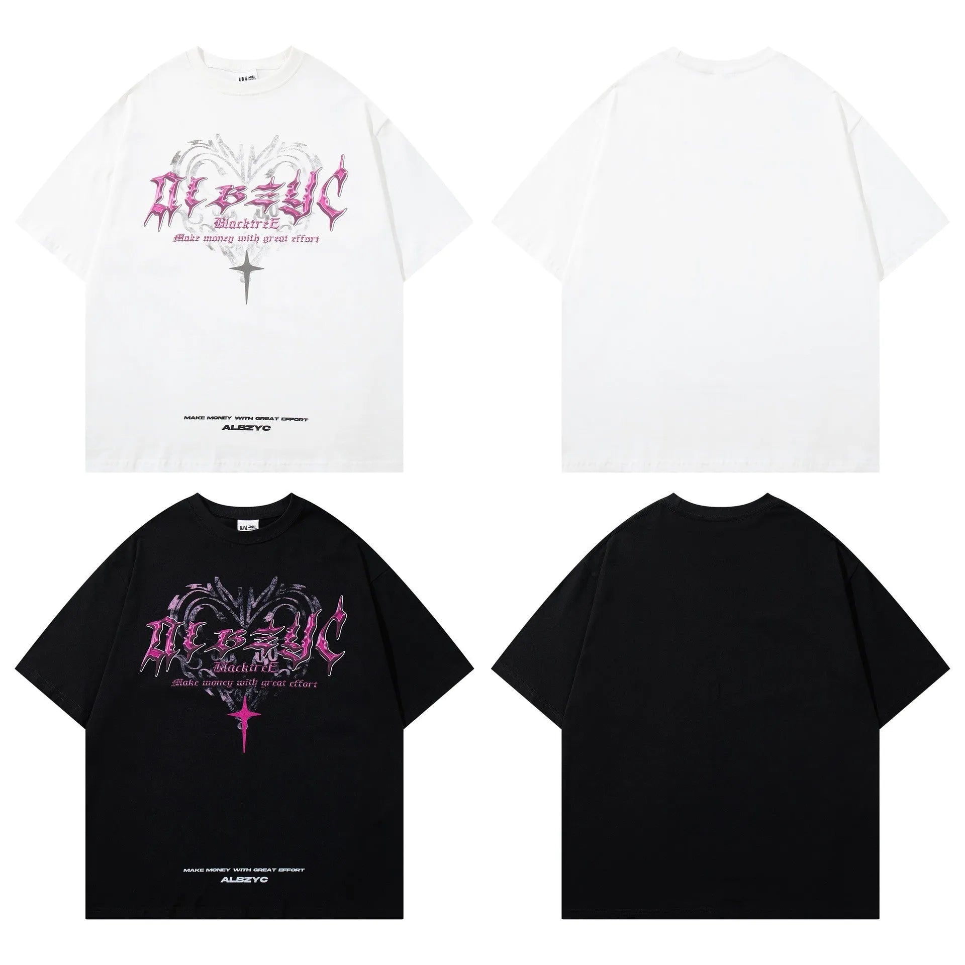 Men's black printed retro design cotton T-shirt with round neck and short sleeves