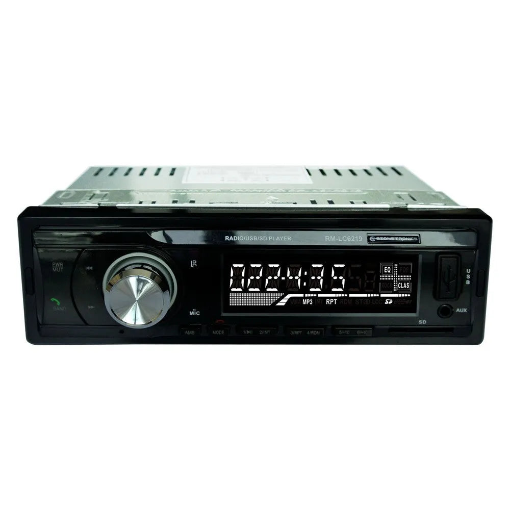 Car Bluetooth stereo receiver with front panel showing USB, SD card slots, and auxiliary input port