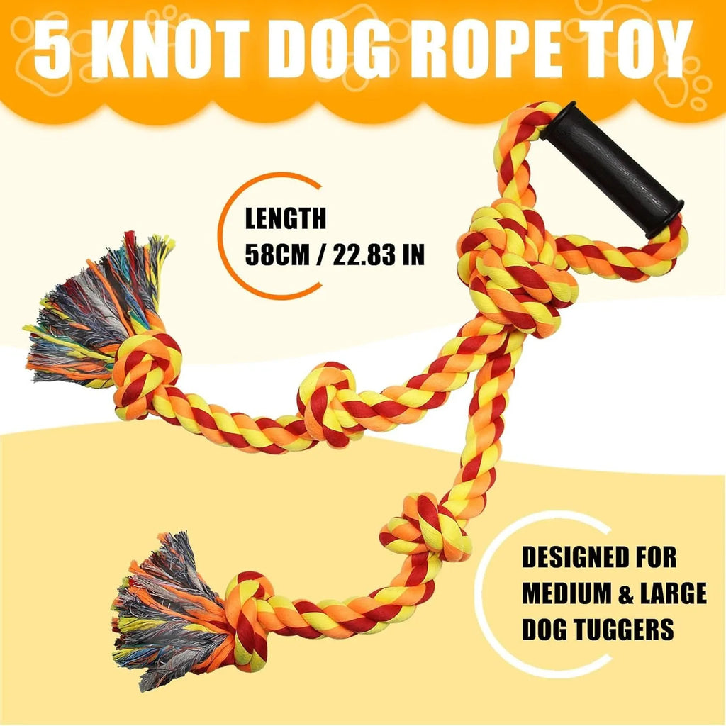 Blue and yellow woven cotton rope dog tug toy with ergonomic handle for large breed dogs.