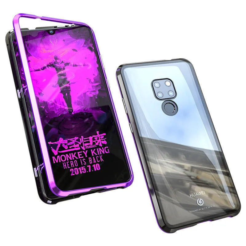 Magnetic metal phone case for Huawei smartphones with tempered glass back in black, blue, red or white