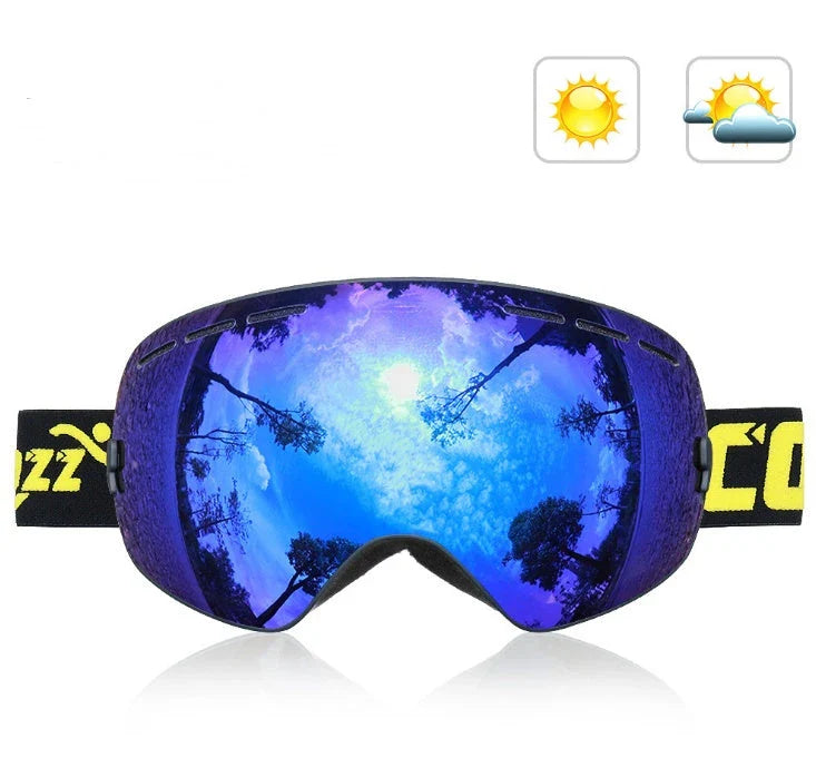 Premium ski goggles with dual-layer anti-fog lens, offering crystal-clear visibility and impact protection for winter sports