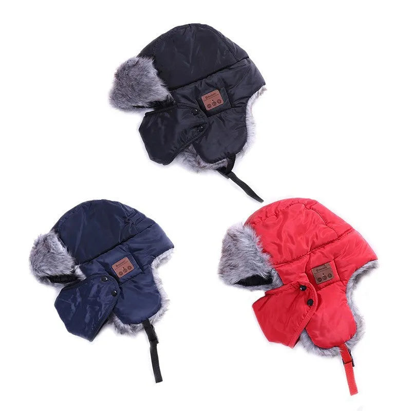 Bluetooth bomber hat with acrylic plush lining, Bluetooth 4.1, 10 m range, built-in earphones, black blue red.