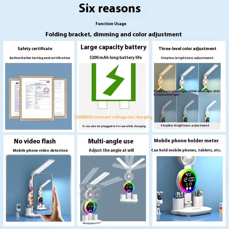LED student rechargeable desk lamp with clock display, USB cable, and modern white finish on a desk.