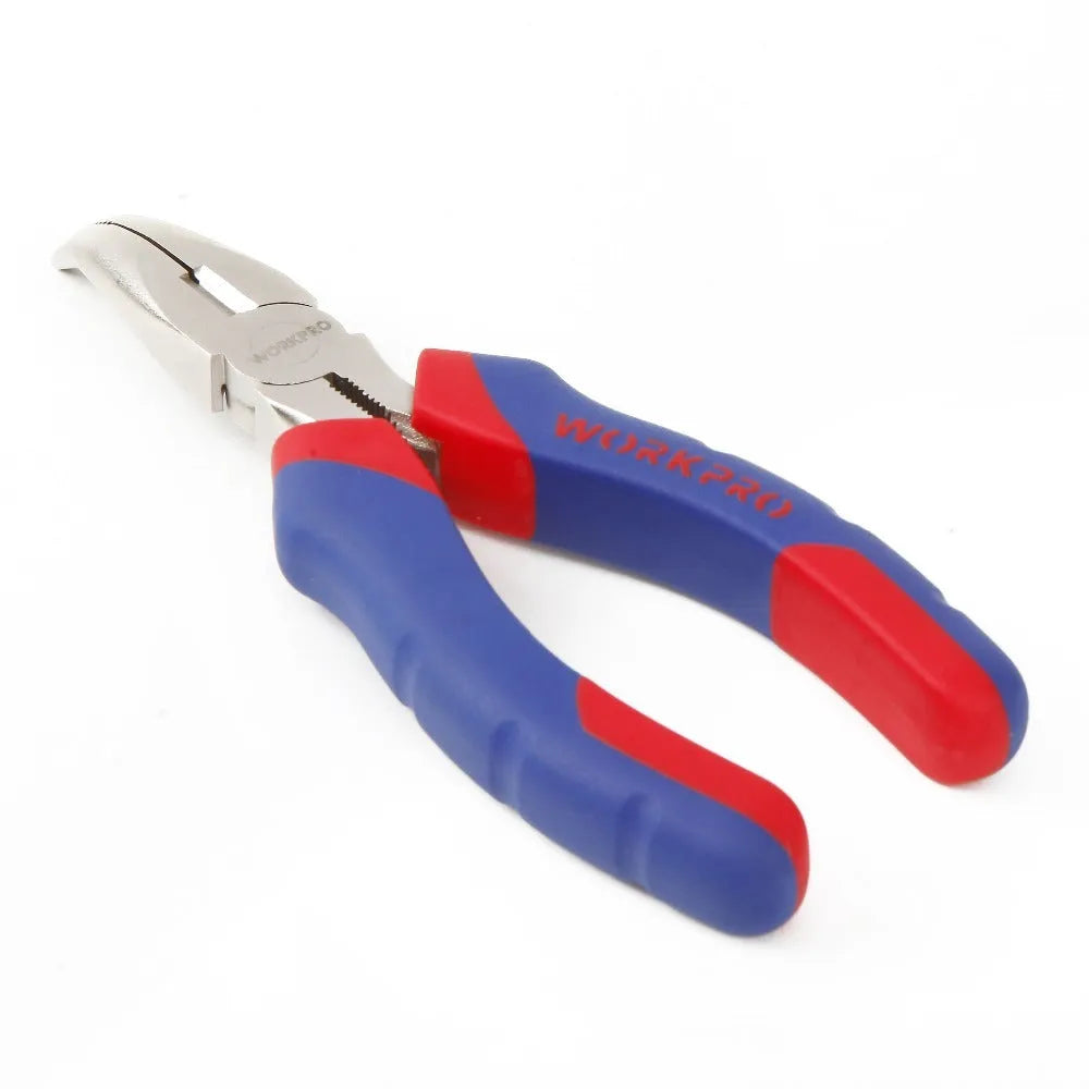 Blue and black handled curved nose pliers on a workbench, showing angled jaw tips.