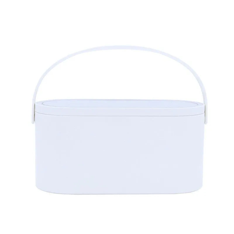 Portable pink makeup mirror storage box with adjustable angle and organiser compartments