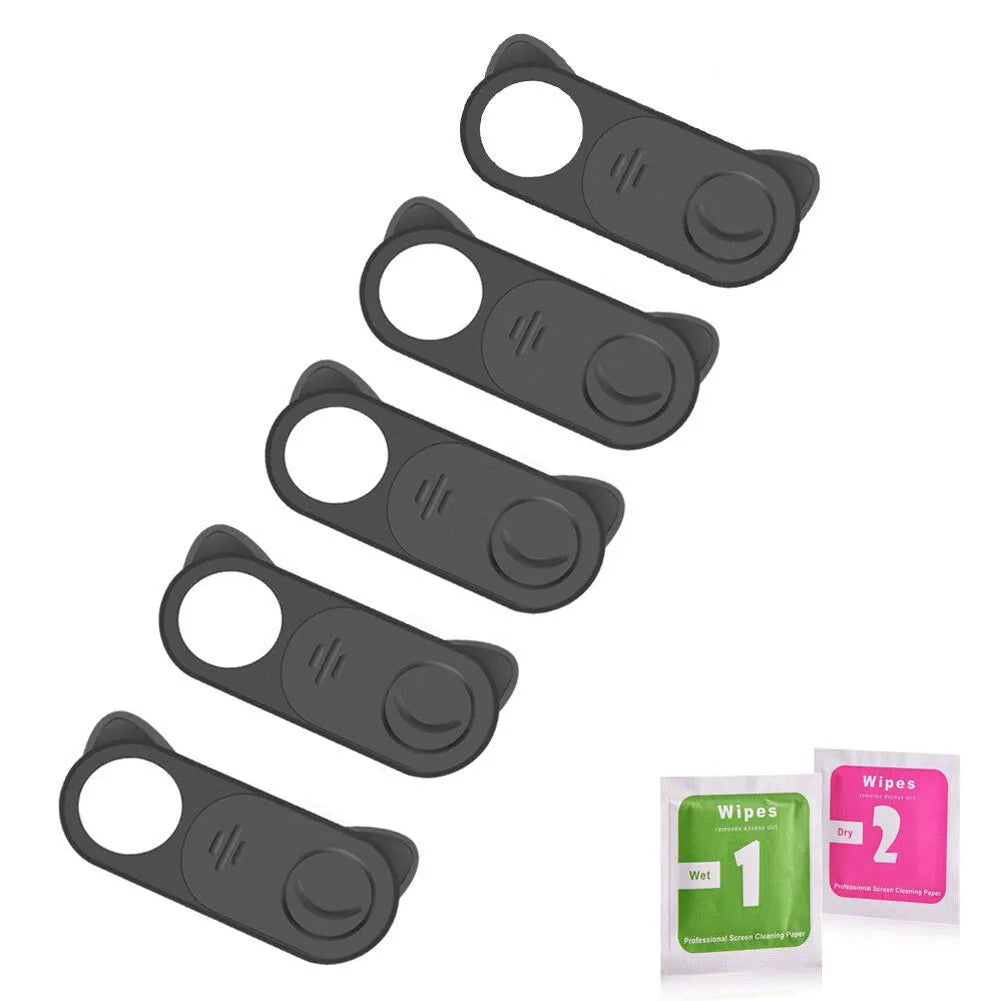 Black plastic webcam privacy cover with sliding shutter, 18mm x 9mm, for laptop tablet phone