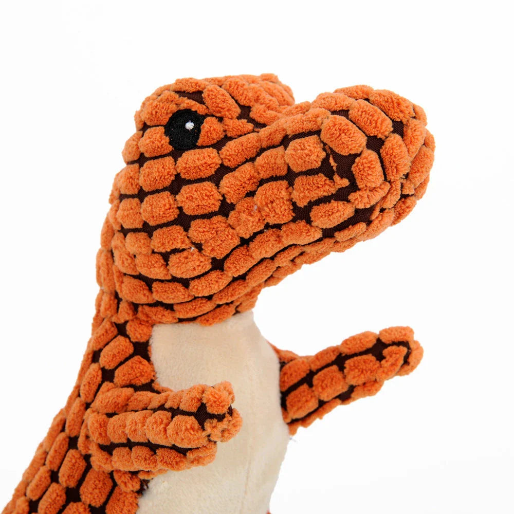 Large plush dinosaur chew toys for big dogs in various colors and sizes