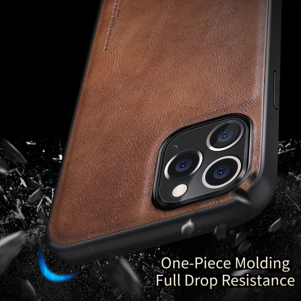 Black business leather phone case for iPhone 12 with PU leather back and soft TPU bumper sides