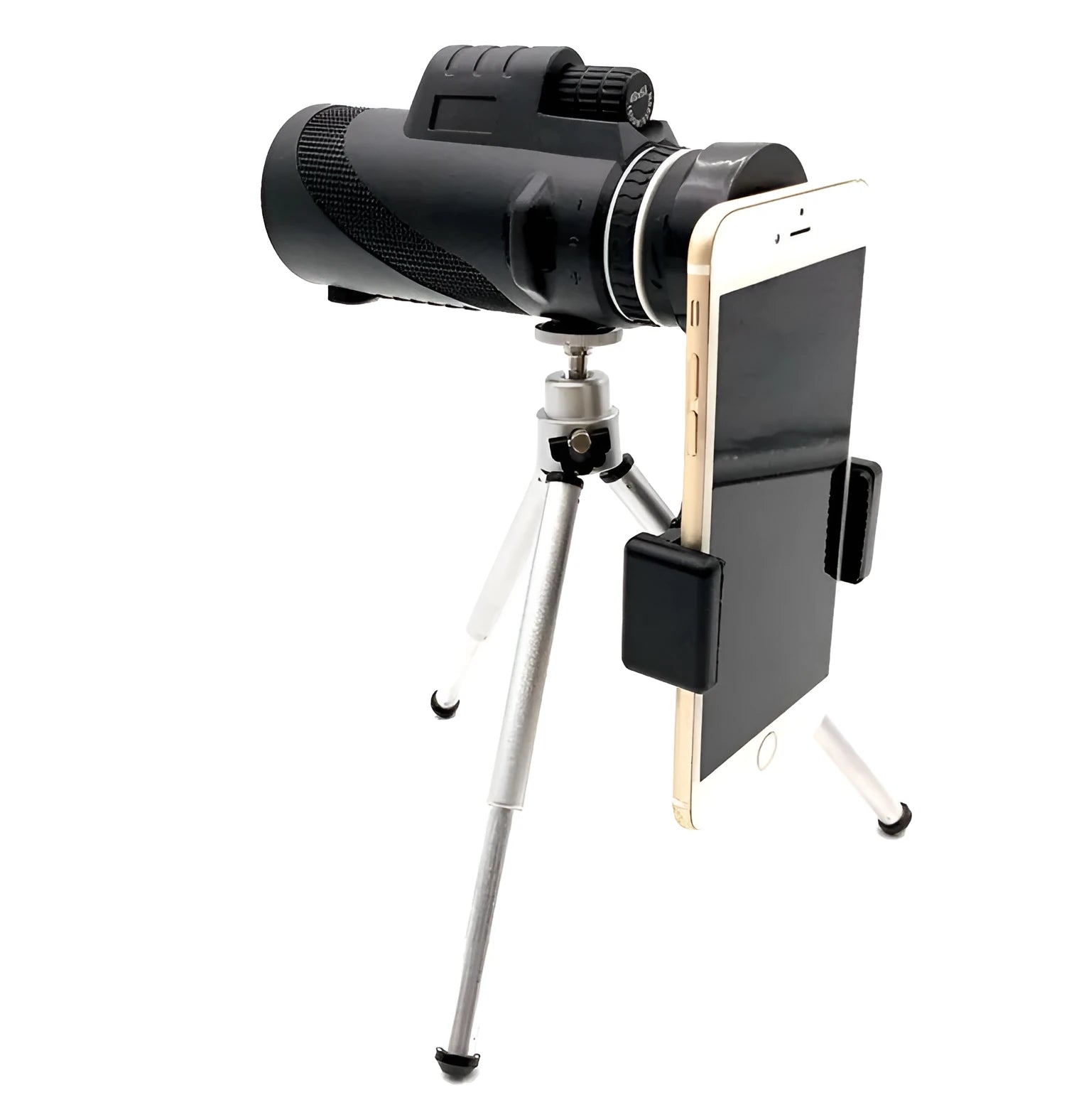 Black HD 40x60 monocular telescope with smartphone mount shown on a table.