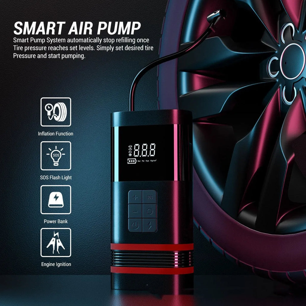 Black automobile emergency start power bank with 100W output for jump-starting vehicles