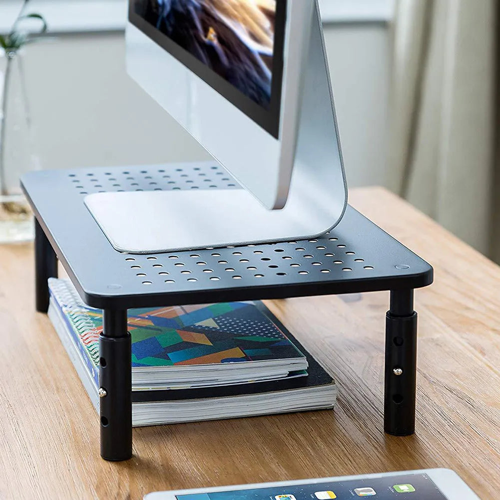 Black iron mesh height adjustable desktop rack for computer monitor and notebook, 370x235x140mm with anti-slip surface