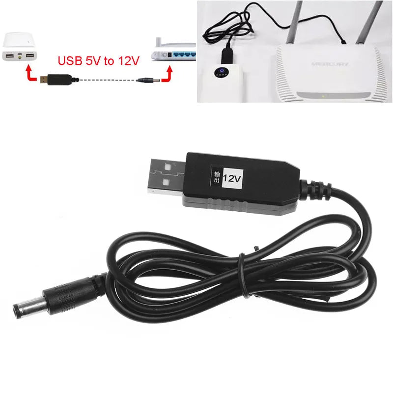 Black USB 5V to DC 12V step-up converter cable, 1M, USB A male to 2.1x5.5mm male plug