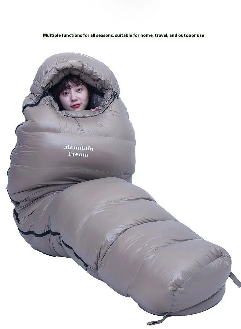 Ultralight mummy-style sleeping bag in army green colour with white duck down filling and 400T nylon fabric.
