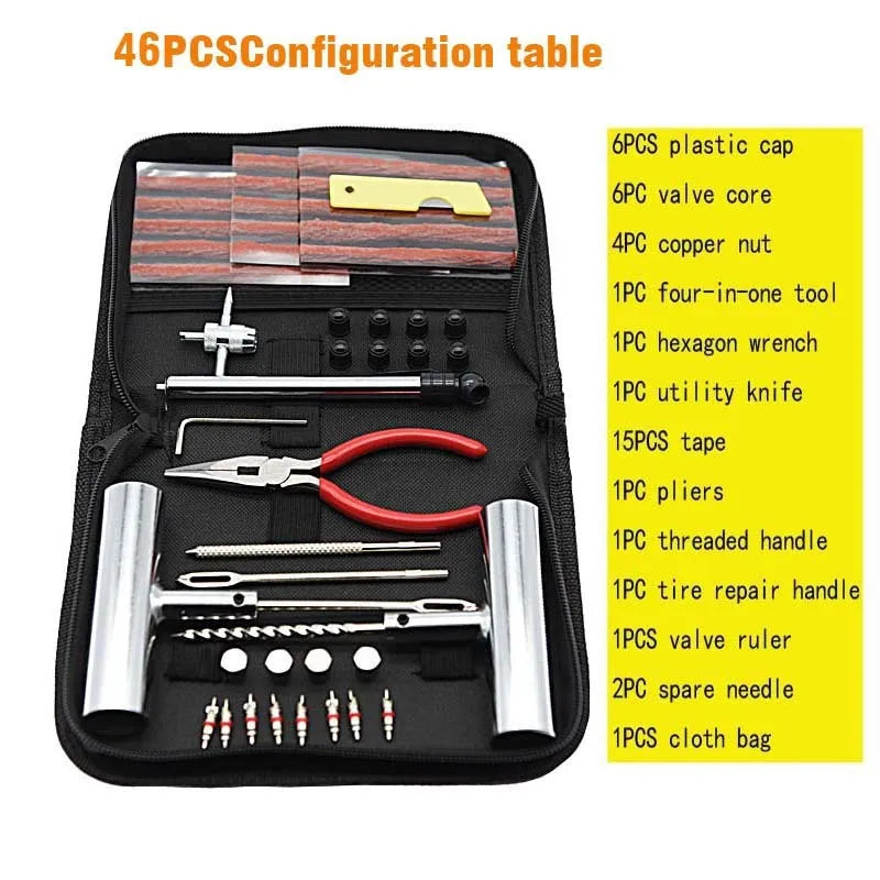 43-piece steel tyre repair kit in compact cloth storage bag for vehicle puncture emergencies