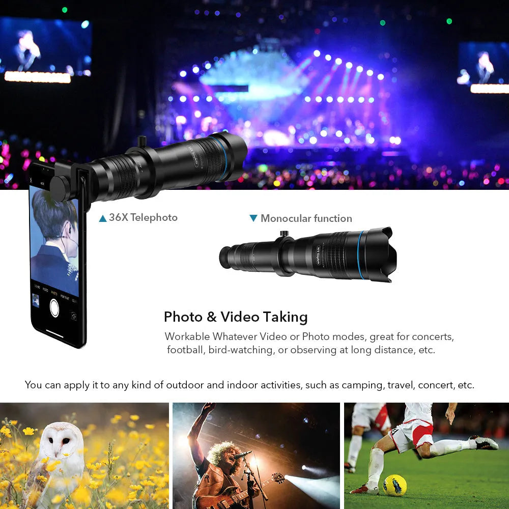 High power portable outdoor glasses with 36x optical zoom monocular and miniature tripod in black
