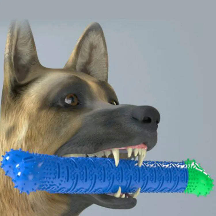 Blue-green molar-shaped dog dental chew toy with silicone bristles for teeth cleaning