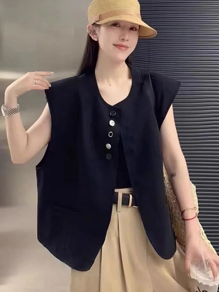 Women's loose fit sleeveless vest in solid colour with side pockets.