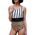 Women's leopard print high waist one-piece swimsuit with asymmetric collar, shown sleeveless.