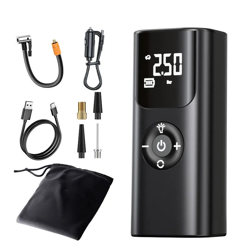 80W portable tire inflator with pressure gauge, warning light and USB charging in black or silver white ABS housing