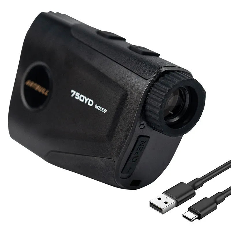 Golf laser rangefinder with slope compensation and flag vibration lock showing LCD display and measurement modes