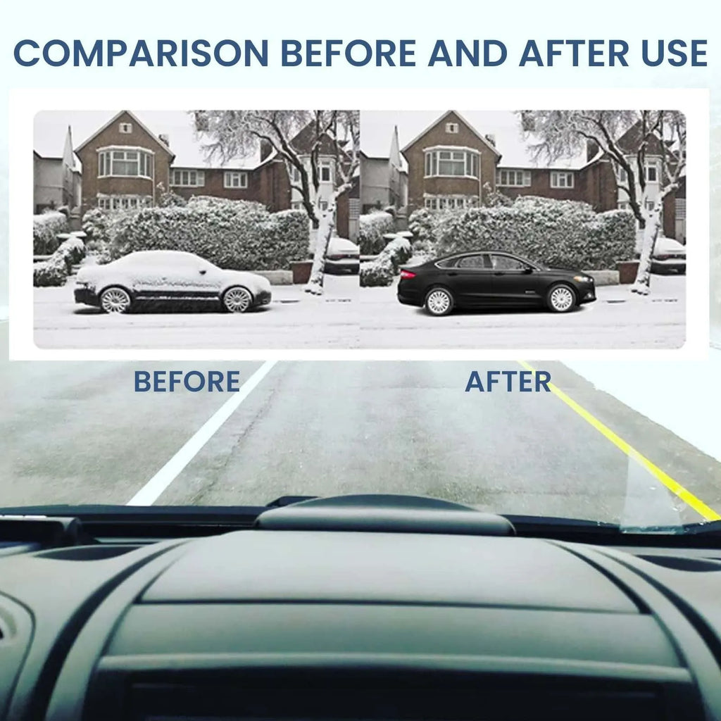 Black car de-icer tool for windscreen snow removal, showing compact 5cm length with special glass heating element.
