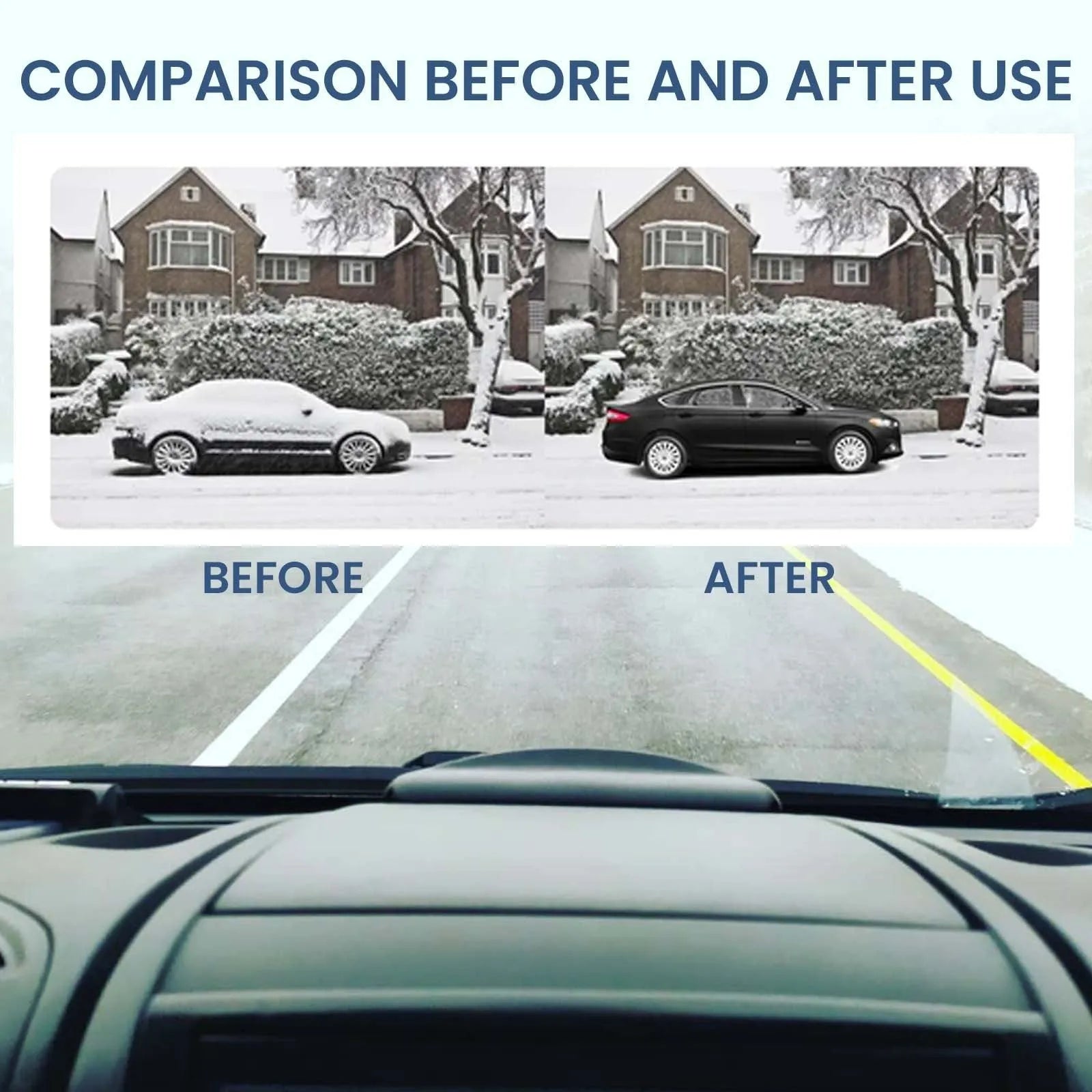 Black car de-icer tool for windscreen snow removal, showing compact 5cm length with special glass heating element.