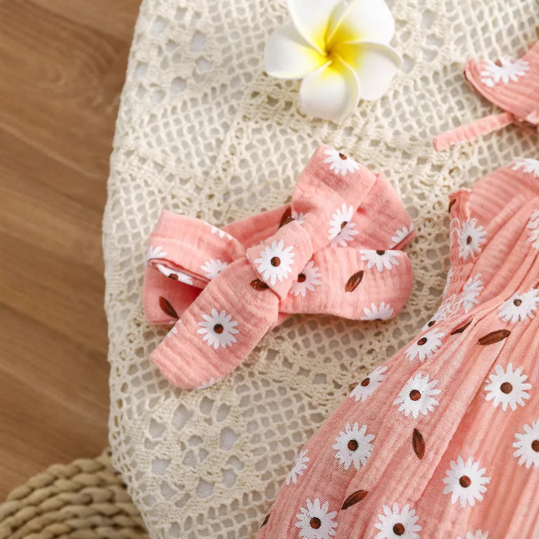 Pink cotton baby girl short-sleeved triangle jumpsuit with bow flower print and matching headband