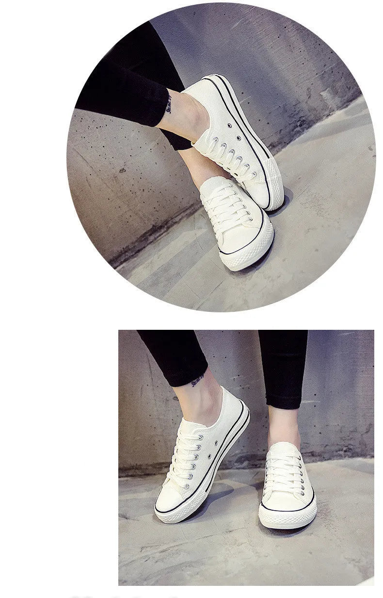 Women's casual canvas shoes in solid colours showing black, white black, white red and all black options