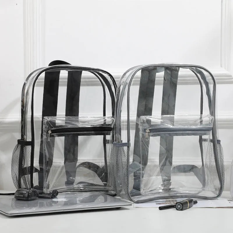Transparent PVC backpack in multiple colours including black, grey, rose red and sapphire blue