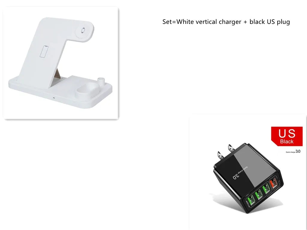 Black 4-in-1 wireless charging station with phone on adjustable stand, charging Apple Watch, AirPods, and Apple Pencil.