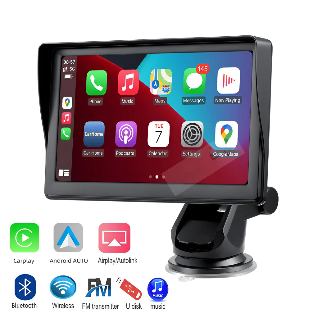 7 inch portable car smart display with retractable bracket showing wireless CarPlay interface on screen