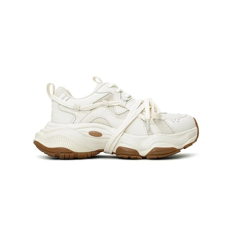 Women's white platform dad sneakers with round toe and lace-up front in Milk White Beige colour
