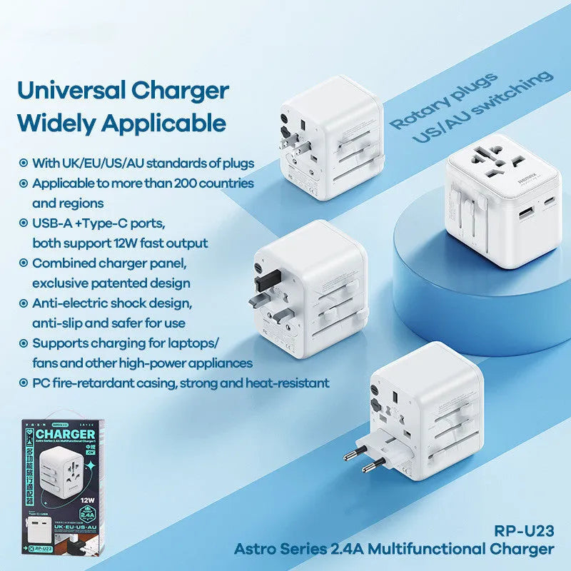 White universal travel charger adapter with Type-C PD, 12W and 35W models for US UK EU sockets