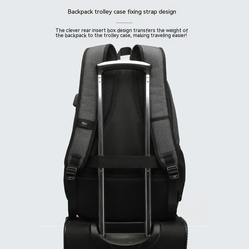 Grey USB charging backpack with trolley sleeve showing water-resistant nylon fabric and charging interface