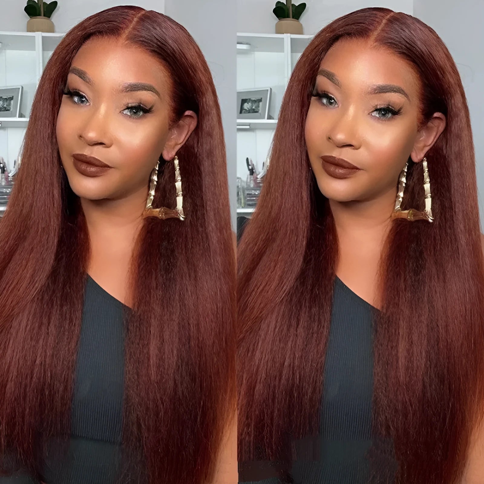 Medium split fluffy brown long straight hair wig 70cm length on neutral background