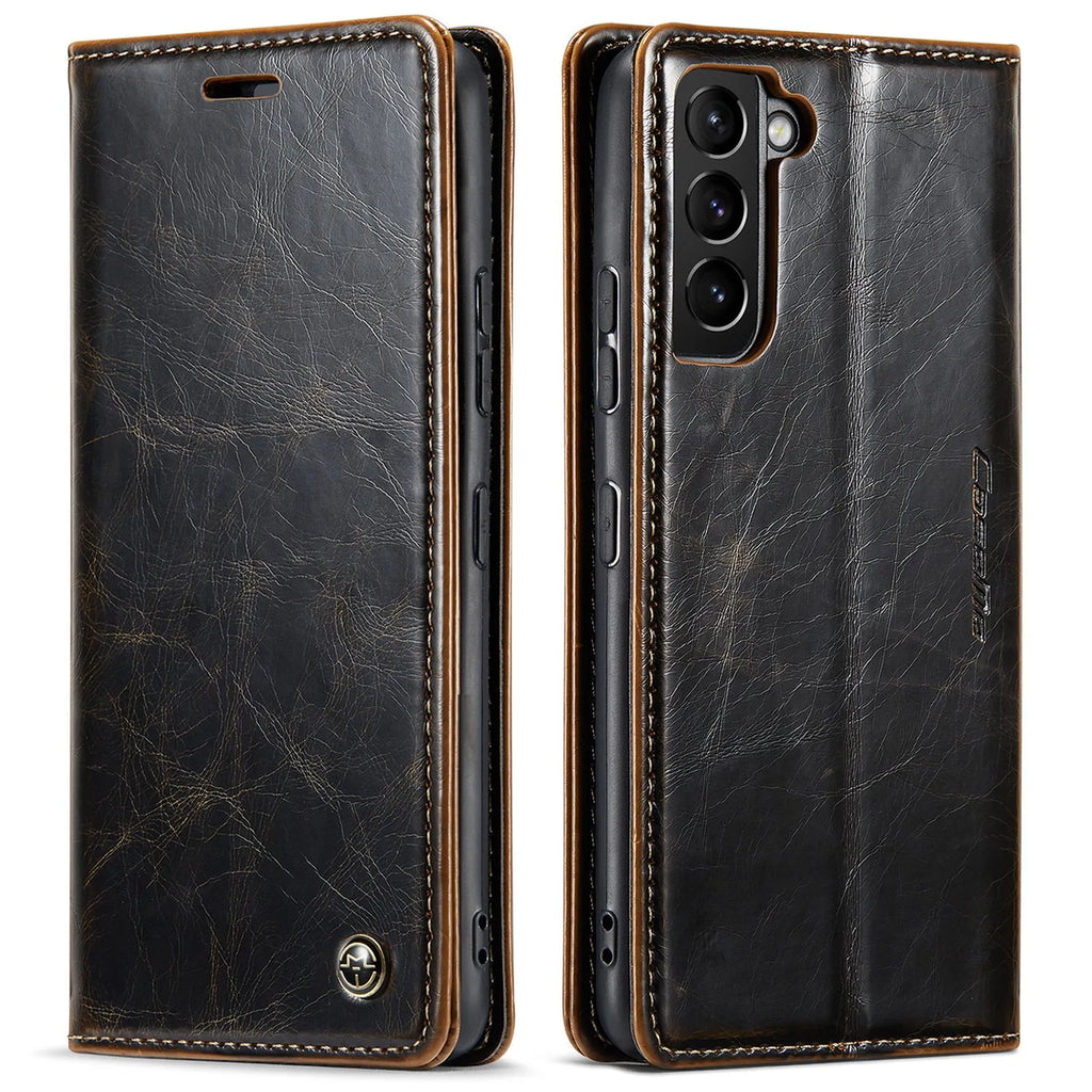 Samsung A55 black PC leather card flip phone case with magnetic closure and stand