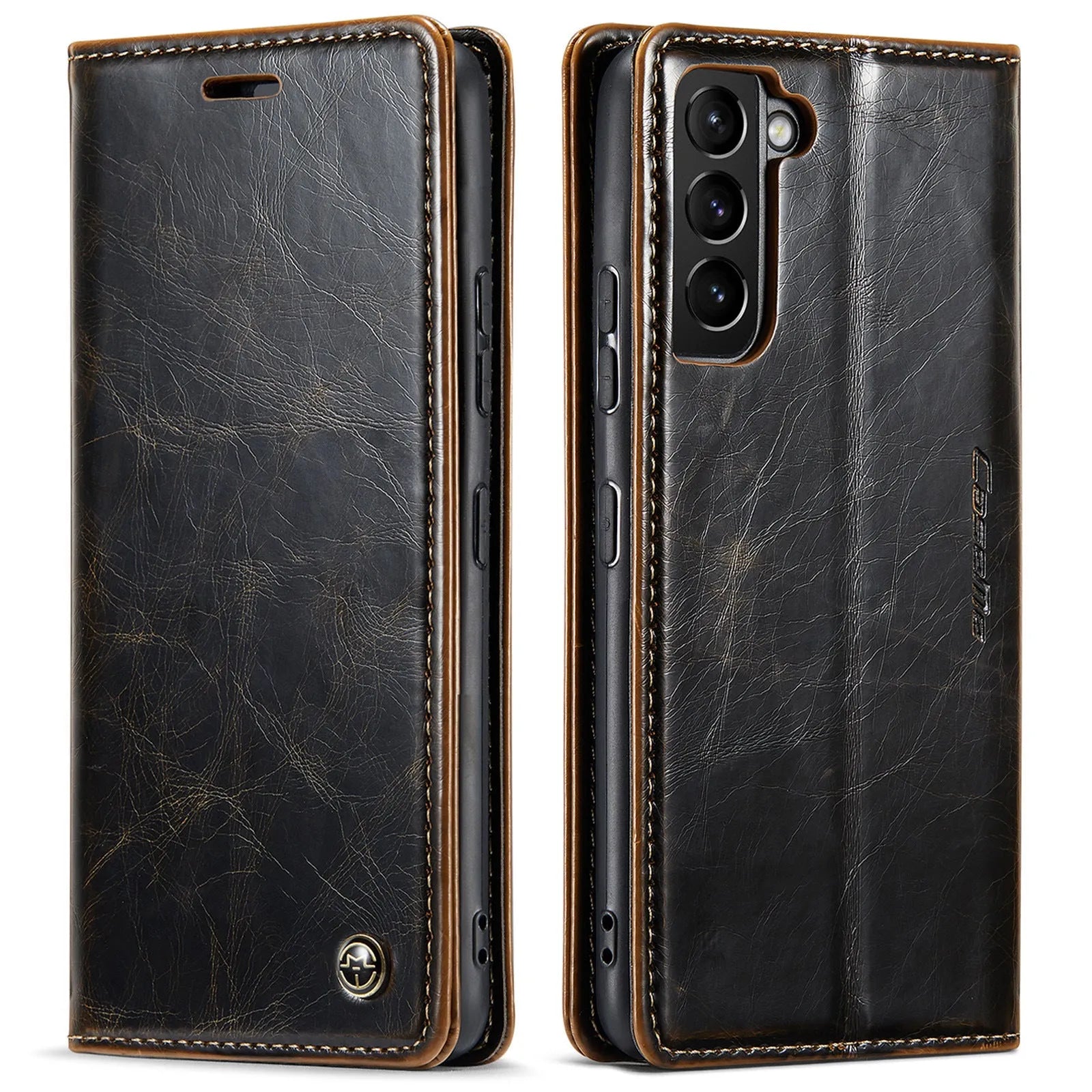 Samsung A55 black PC leather card flip phone case with magnetic closure and stand