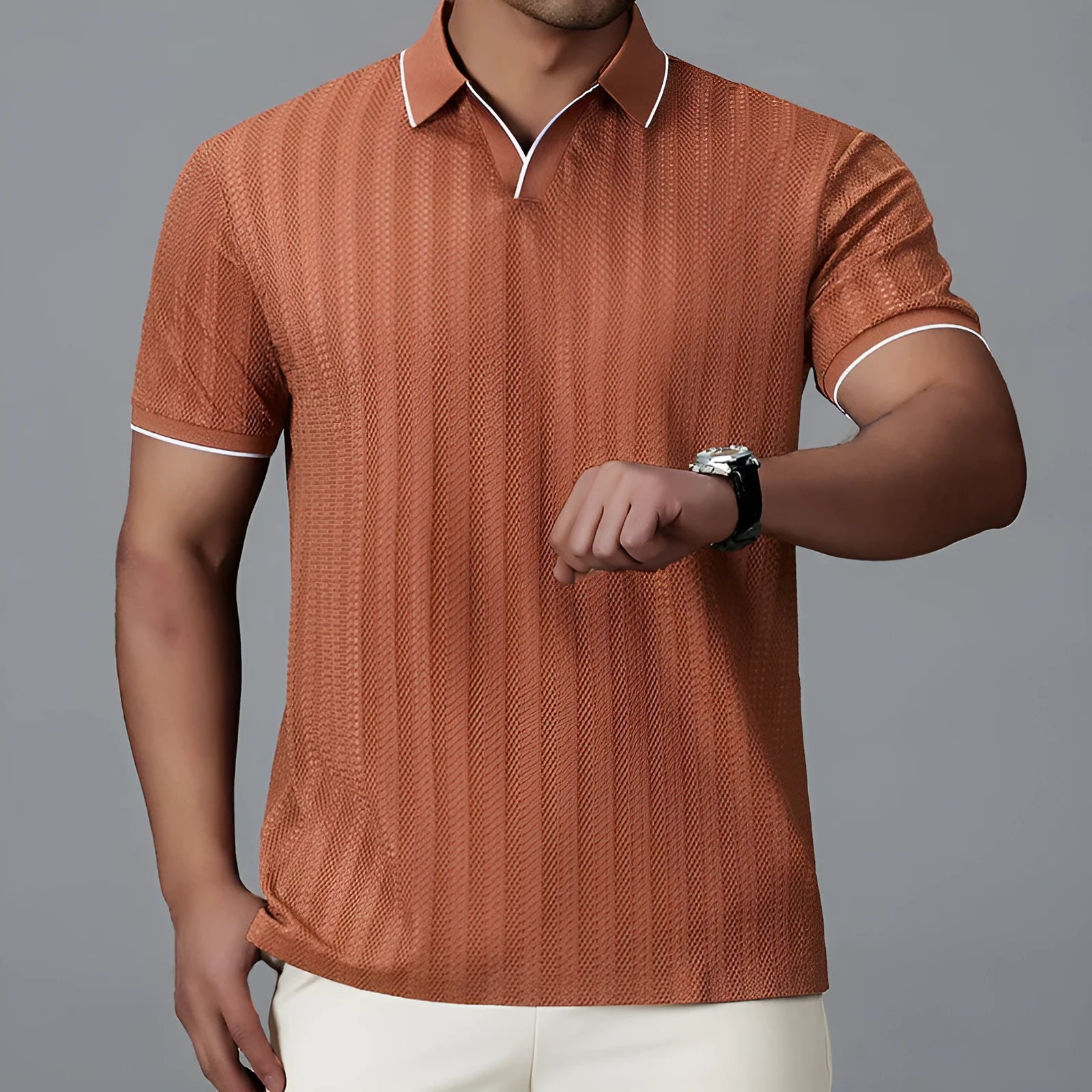 Men's black nylon polo shirt with short sleeves and loose casual fit on hanger