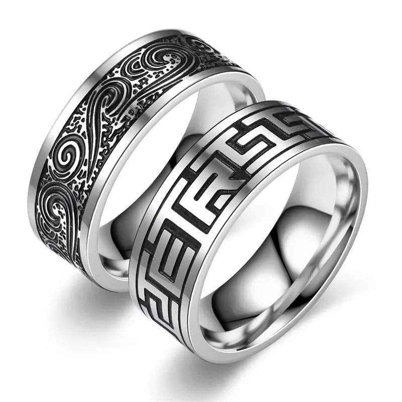 Titanium steel ring with carved Great Wall pattern, colour-changing finish, unisex antique style, 8mm width