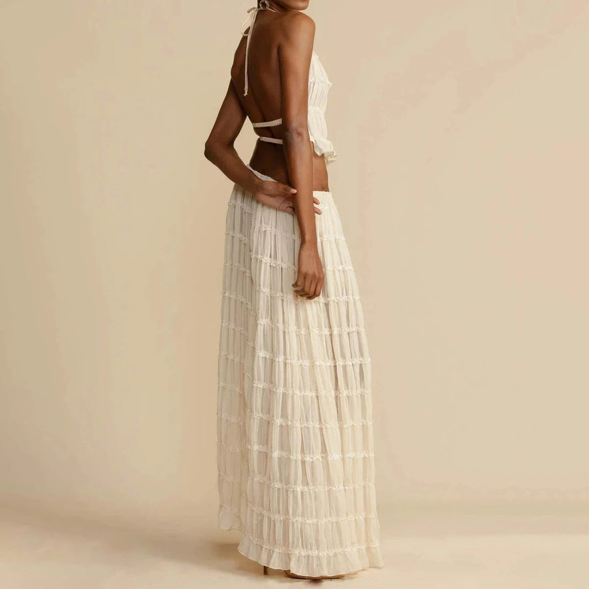 Sleeveless backless cropped halter top and pleated maxi dress set in various colors