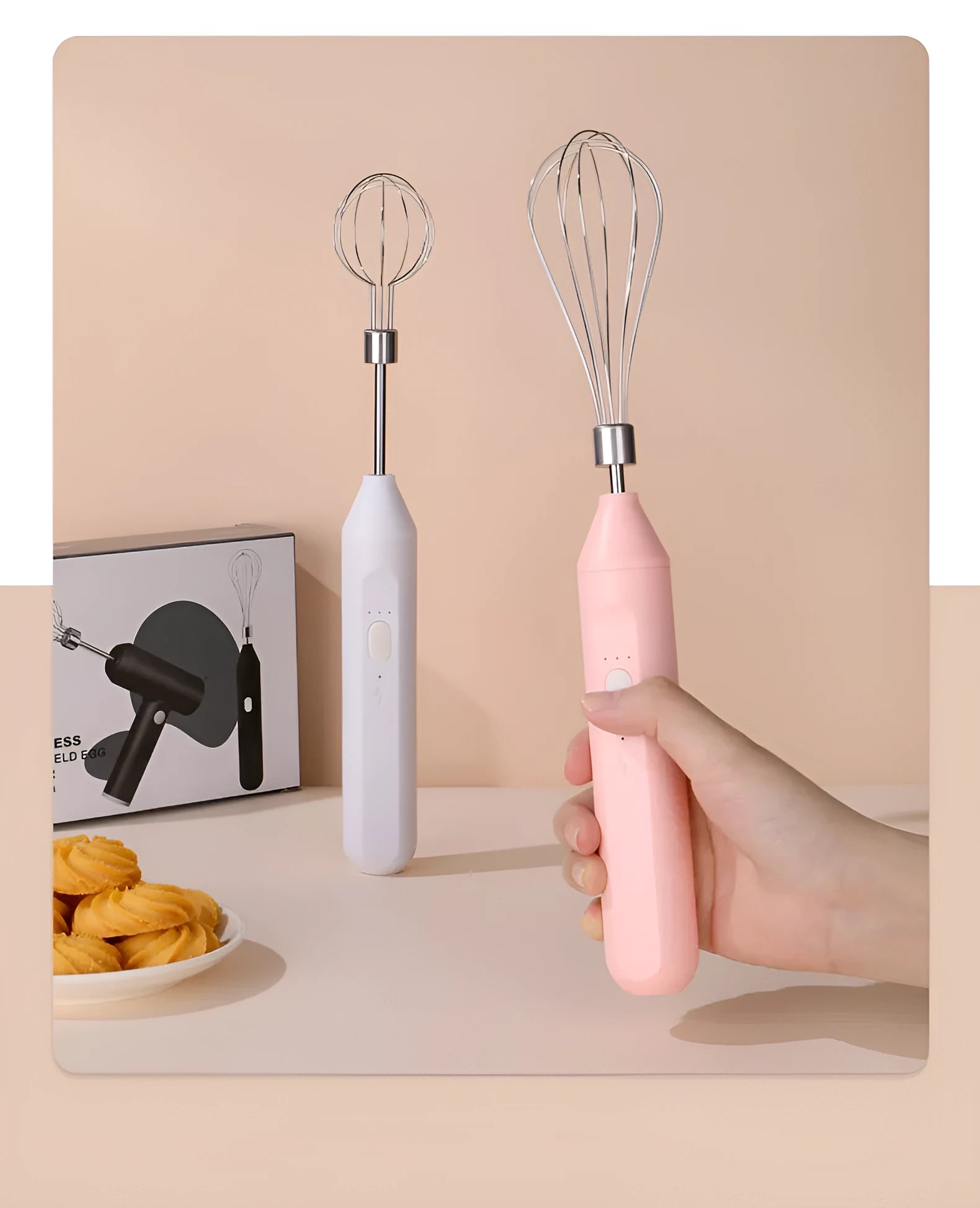 Hand-held electric whisk with straight handle, available in black colour options for household baking
