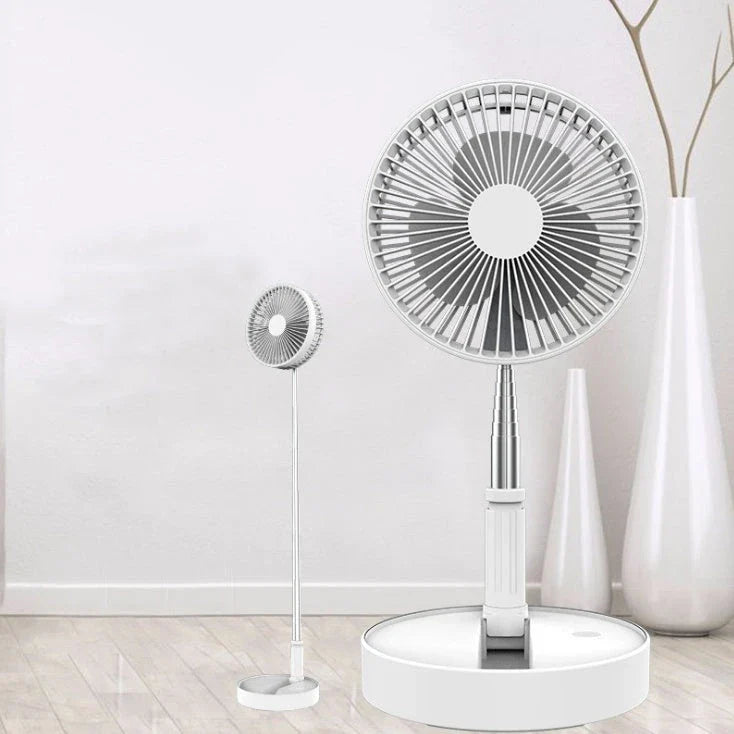 A versatile portable fan with adjustable speeds, long-lasting battery, and compact foldable design for use in office, kitchen, camping, and more