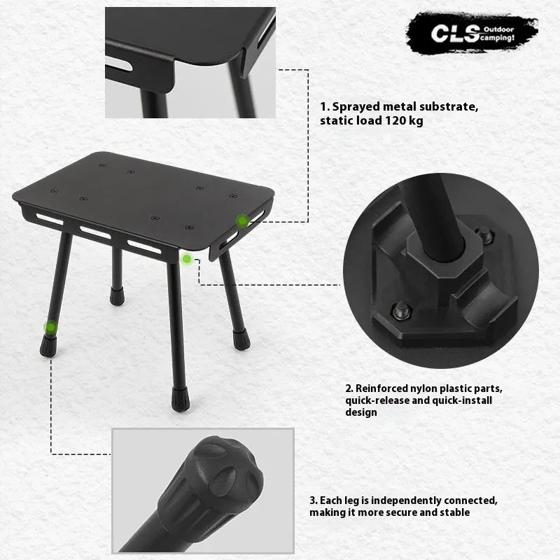 CLS aluminium folding camping stool and table with PU mat cushion inside its tactical storage bag.