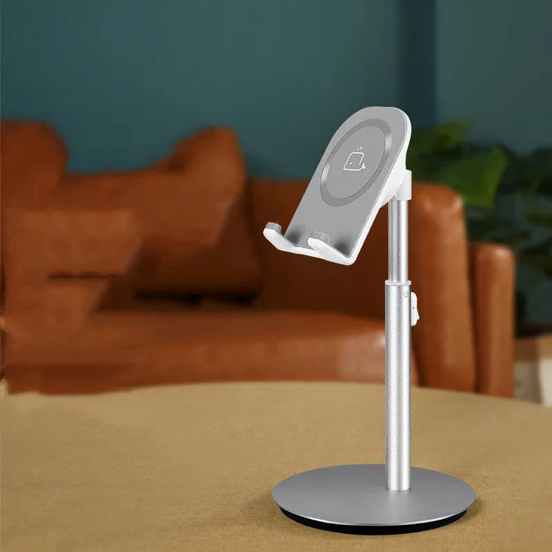 Silver metal computer phone holder desktop stand showing mobile device placement