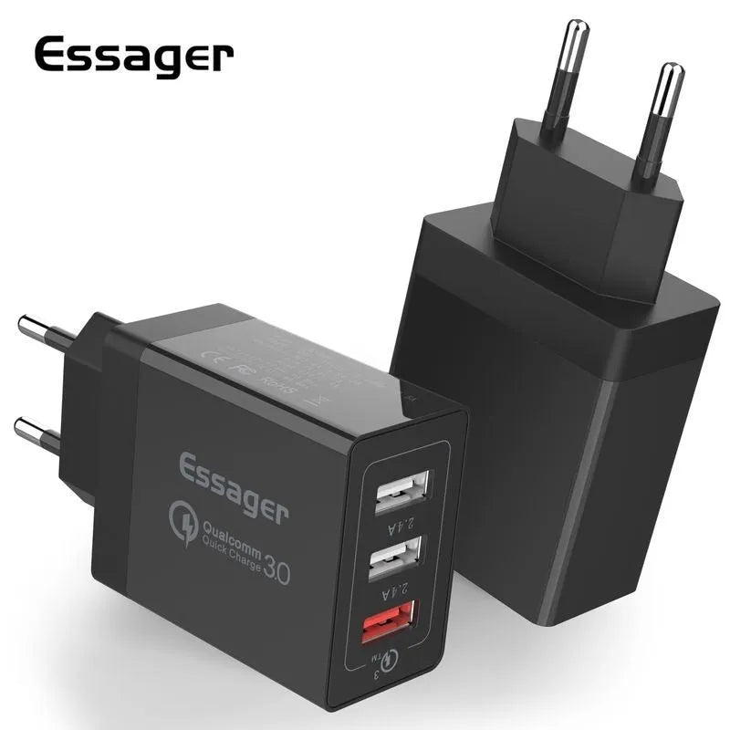 Three-port USB fast charger 30W QC30 mobile phone charger in white or black with EU UK US plug options