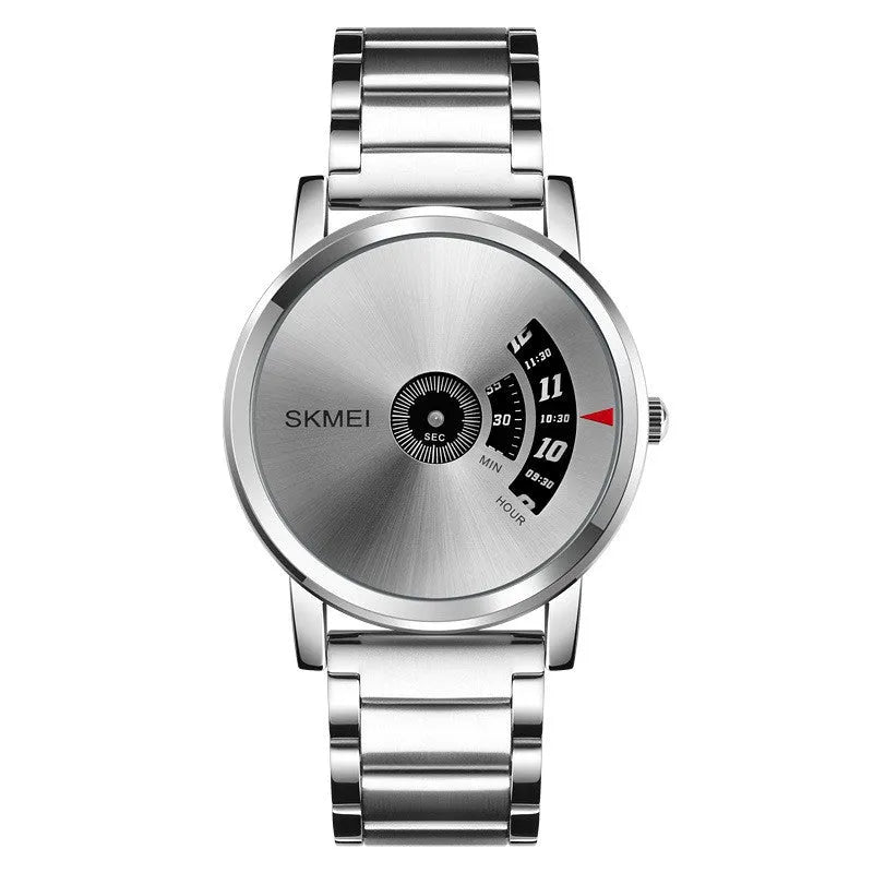 Men's business watch with 39mm dial, alloy case, stainless steel watch-buttom, and steel belt in silver or black.