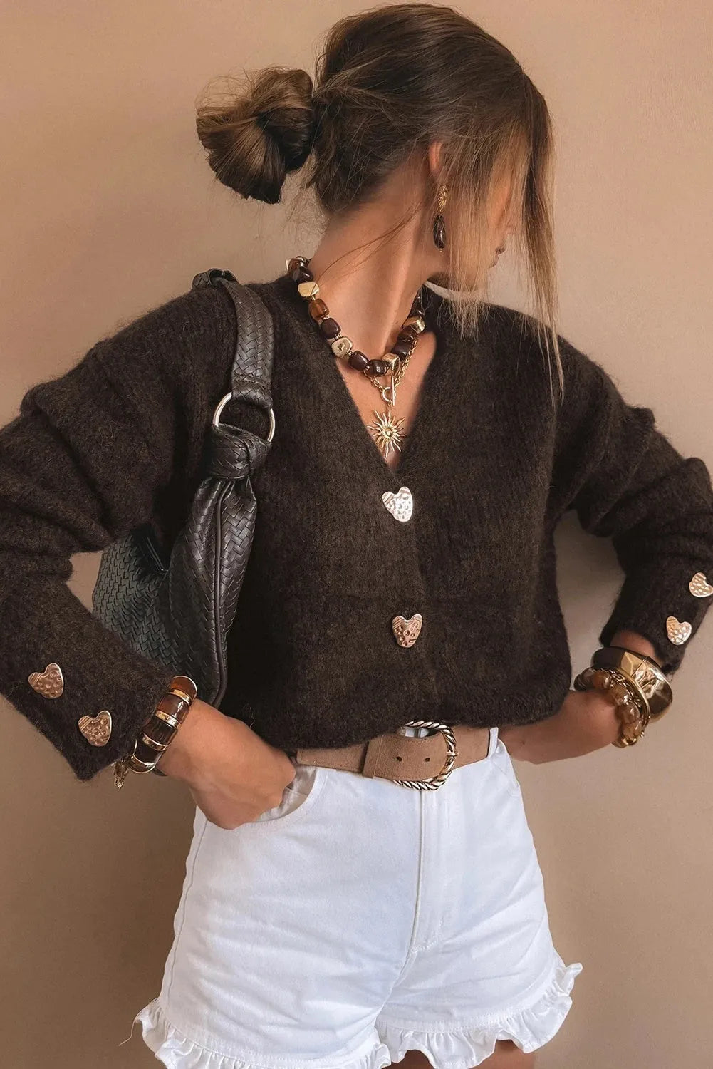 Women's loose metal buckle sweater cardigan coat in solid coffee colour, long sleeve cardigan style, sizes S to XL.