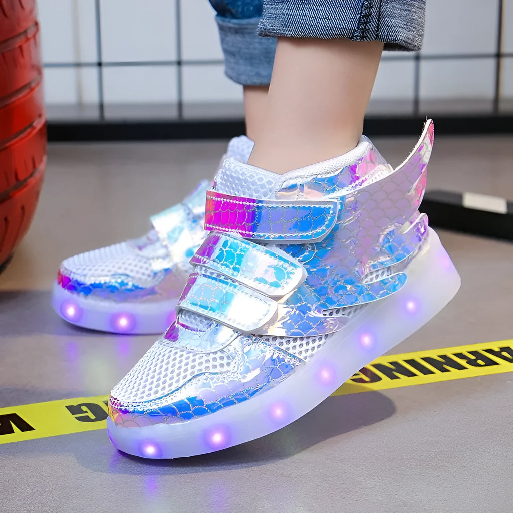 Children's light-up sneakers with glitter wings, artificial leather upper, rubber sole, Velcro strap, USB rechargeable, sizes 24-37
