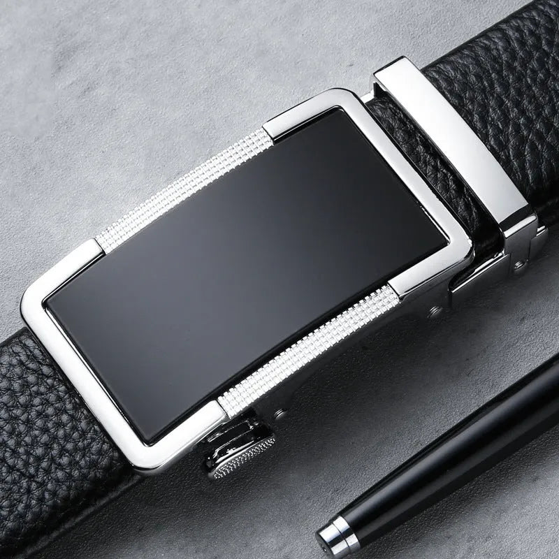 Men's leather belt with a silver automatic comfort click buckle on a black background.