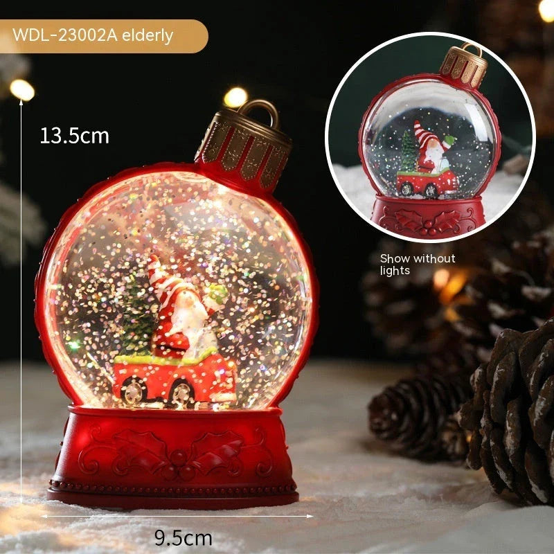 Illuminating LED Christmas decoration with flame-like effect, featuring various holiday figures like Santa, snowman, and angel.